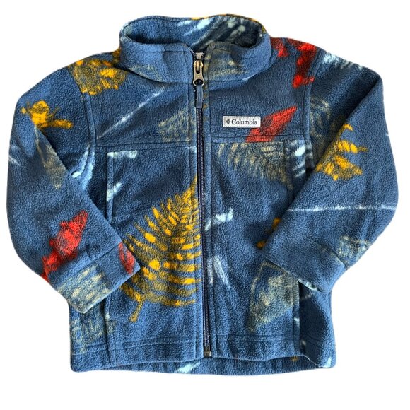 Columbia Fleece Sweater with Fall Leaf Pattern and Navy Backround - Picture 1 of 2